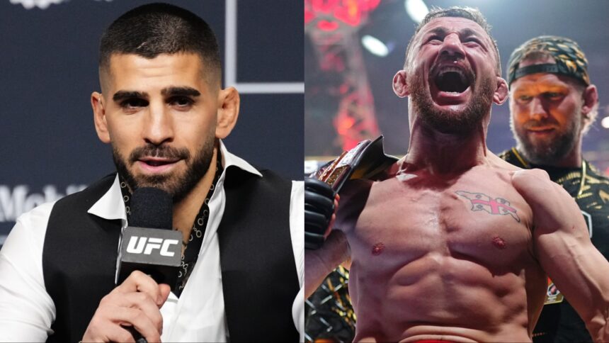 Ilia Topuria speaks during the UFC 317 press conference, opposite Merab Dvalishvili celebrating after UFC 320