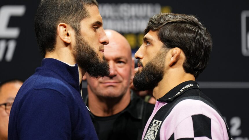 Islam Makhachev and Arman Tsarukyan face off at a UFC 311 press conference