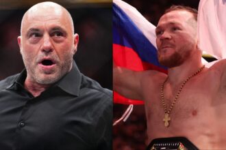 Joe Rogan reacts in the cage at UFC 300, opposite Petr Yan celebrating after a win