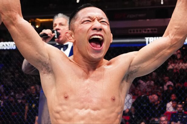 Kyoji Horiguchi celebrates after a win at UFC Qatar