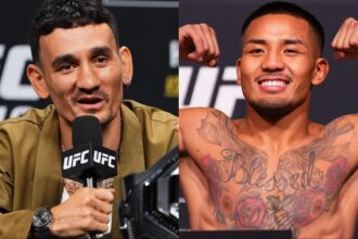 Max Holloway speaks at the UFC 318 press conference, opposite Joshua Van at the UFC 323 weigh-in