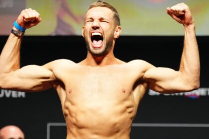 Reinier de Ridder poses on the scale at the UFC Vancouver ceremonial weigh-in