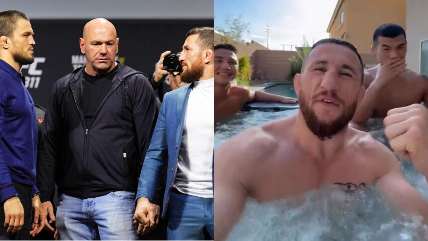 Merab Dvalishvili faces off with Umar Nurmagomedov, opposite Dvalishvili in a jacuzzi
