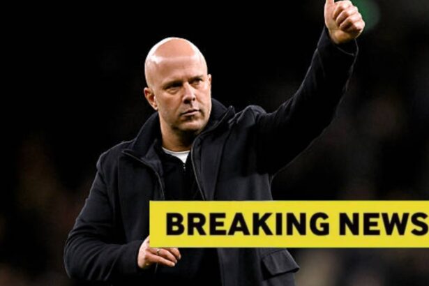 Arne Slot with overlay of breaking news