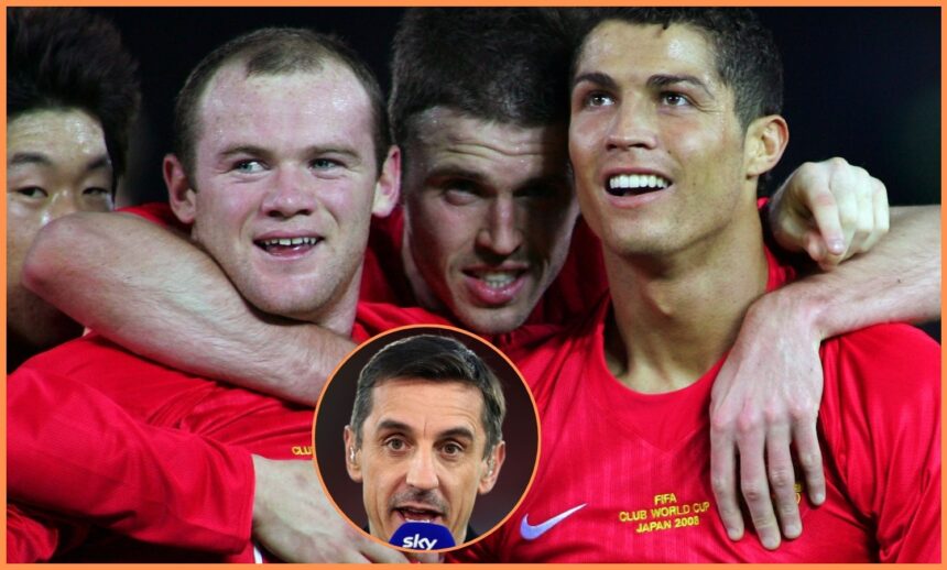Wayne Rooney, Michael Carrick, Cristiano Ronaldo, and Gary Neville