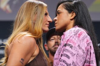 Kayla Harrison and Amanda Nunes face off at a UFC 324 press conference
