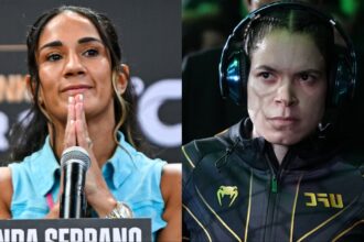 Amanda Serrano appears at a press conference, opposite Amanda Nunes walking to the Octagon at UFC 289