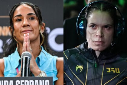 Amanda Serrano appears at a press conference, opposite Amanda Nunes walking to the Octagon at UFC 289