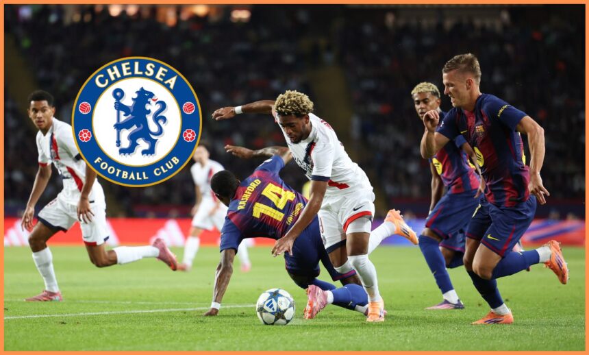 Ibrahim Mbaye in action for PSG against Barcelona