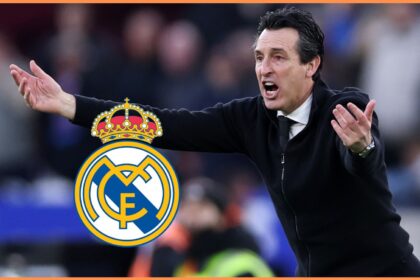 Unai Emery and the Real Madrid logo