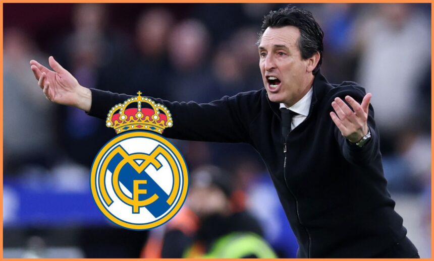 Unai Emery and the Real Madrid logo