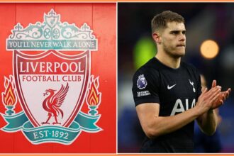 Split image of Liverpool badge and Micky van de Ven