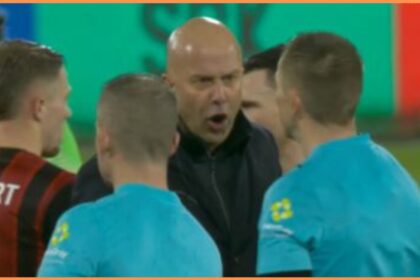 Liverpool manager Arne Slots shouts at match officials