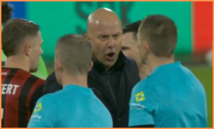 Liverpool manager Arne Slots shouts at match officials