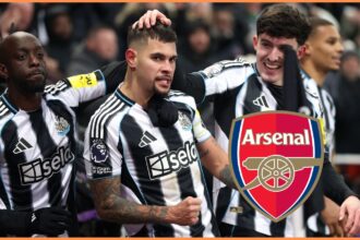 Bruno Guimaraes and Tino Livramento celebrate during Newcastle