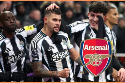 Bruno Guimaraes and Tino Livramento celebrate during Newcastle