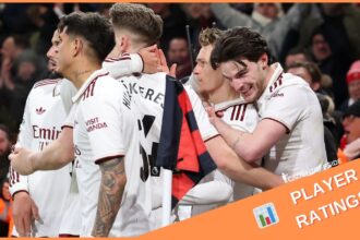 Declan Rice celebrates with his Arsenal teammates after scoring vs Bournemouth