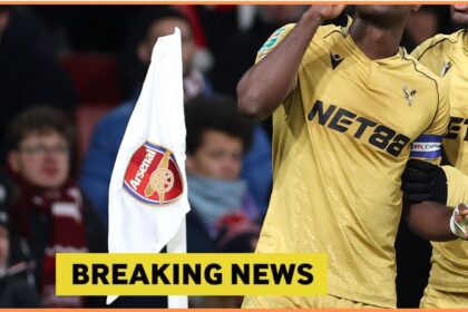 Marc Guehi celebrates scoring for Crystal Palace against Arsenal at the Emirates Stadium