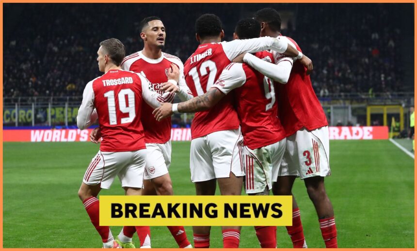 Arsenal players celebrate during the win at Inter Milan
