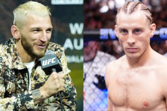 Dan Hooker speaks at the UFC 305 press conference, opposite Paddy Pimblett in the cage at UFC 314