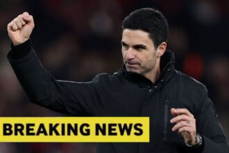 Mikel Arteta with overlay of Breaking News