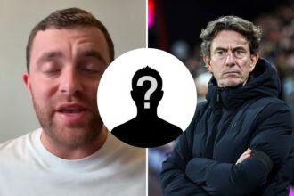 Split image of Fabrizio Romano and Thomas Frank with overlay of mystery player