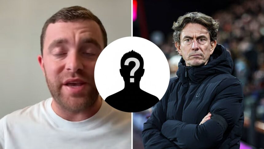 Split image of Fabrizio Romano and Thomas Frank with overlay of mystery player