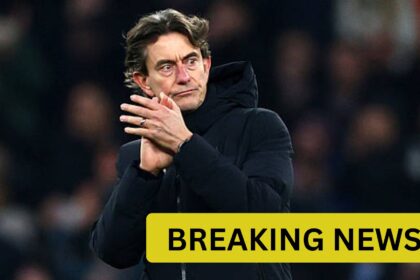 Tottenham manager Thomas Frank with overlay of Breaking News