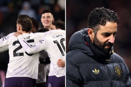 Split image of Man United players including Benjamin Sesko celebrating his goal and Ruben Amorim