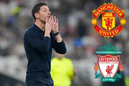 Xabi Alonso with overlay of Liverpool and Man United logos