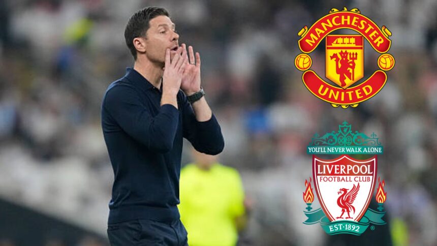 Xabi Alonso with overlay of Liverpool and Man United logos