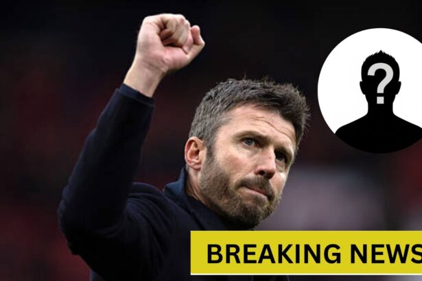 Manchester United manager Michael Carrick after winning the derby with overlay of mystery player and breaking news