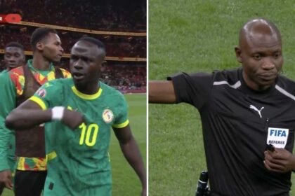 Split image of Sadio Made urging his teammates to come back on and the official in the mids of the controversy
