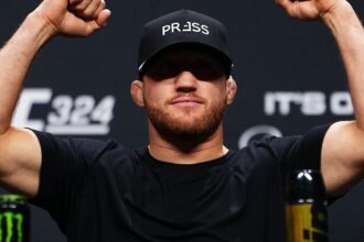 Justin Gaethje appears at a press conference ahead of UFC 324