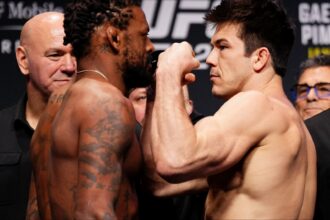 Michael Johnson and Alexander Hernandez face off at the UFC 324 ceremonial weigh-in