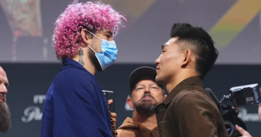 China's Song Yadong Reacts to Sean O'Malley's COVID Mask During Faceoff