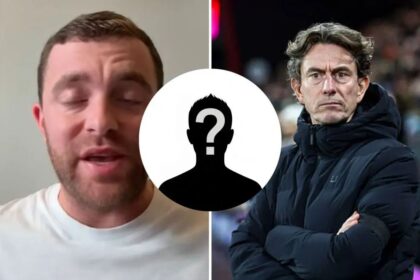 Split image of Fabrizio Romano and Thomas Frank with overlay of mystery player