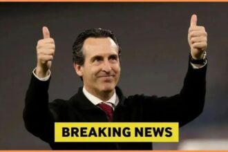 Aston Villa Unai Emery with breaking news overlay