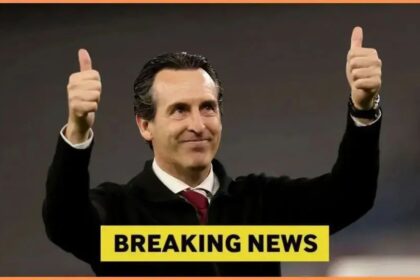 Aston Villa Unai Emery with breaking news overlay