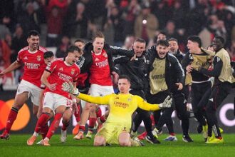 Anatoliy Trubin of Benfica celebrates scoring his team