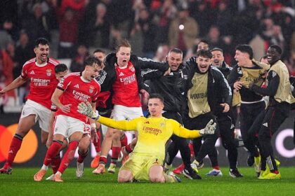 Anatoliy Trubin of Benfica celebrates scoring his team