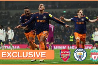 Jacob Ramsey of Newcastle United celebrates scoring with teammates Joe Willock and Anthony Gordon