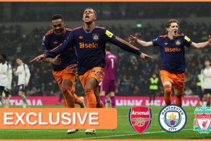 Jacob Ramsey of Newcastle United celebrates scoring with teammates Joe Willock and Anthony Gordon