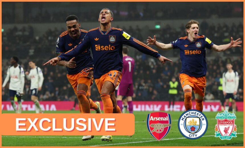 Jacob Ramsey of Newcastle United celebrates scoring with teammates Joe Willock and Anthony Gordon