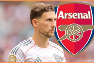 Bayern Munich midfielder Leon Goretzka, plus Arsenal logo