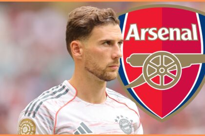 Bayern Munich midfielder Leon Goretzka, plus Arsenal logo
