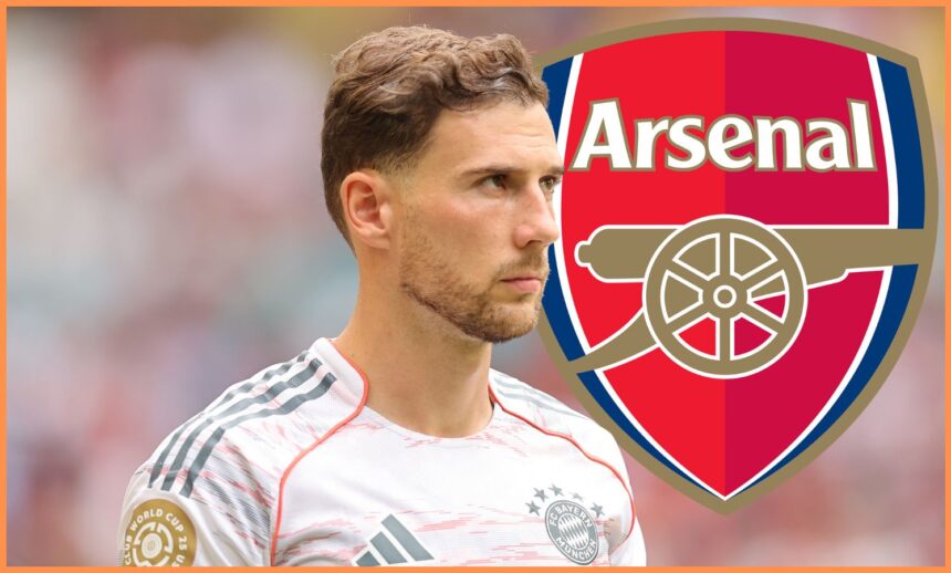 Bayern Munich midfielder Leon Goretzka, plus Arsenal logo
