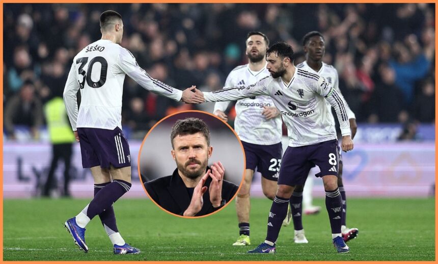 Benjamin Sesko celebrates with Bruno Fernandes