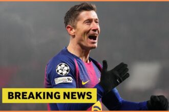 Robert Lewandowski celebrates scoring for Barcelona against Slavia Prague