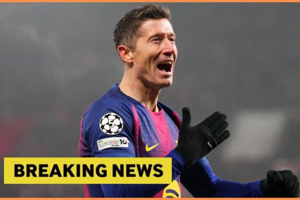 Robert Lewandowski celebrates scoring for Barcelona against Slavia Prague
